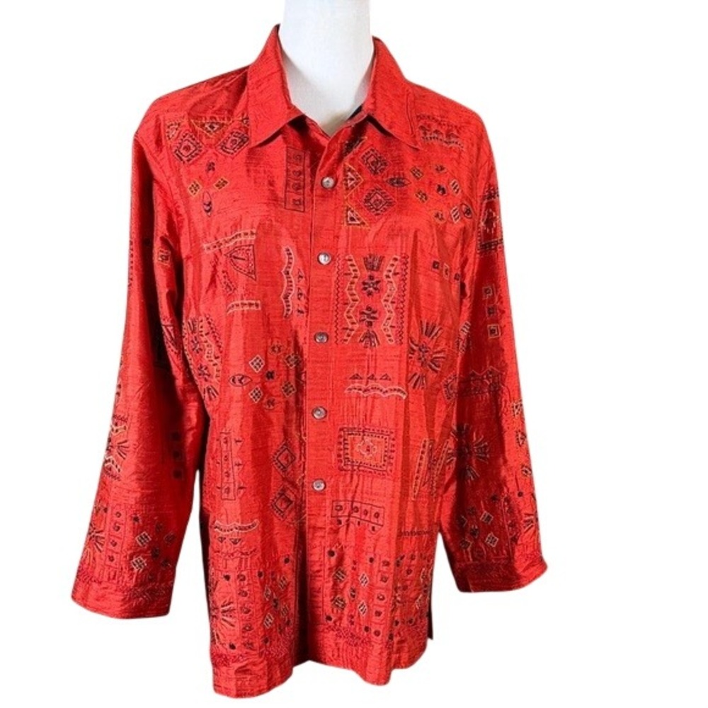 Chicos Design Red Silk Embroidered Beaded Button Down‎ Shirt Womens Size 3 Large